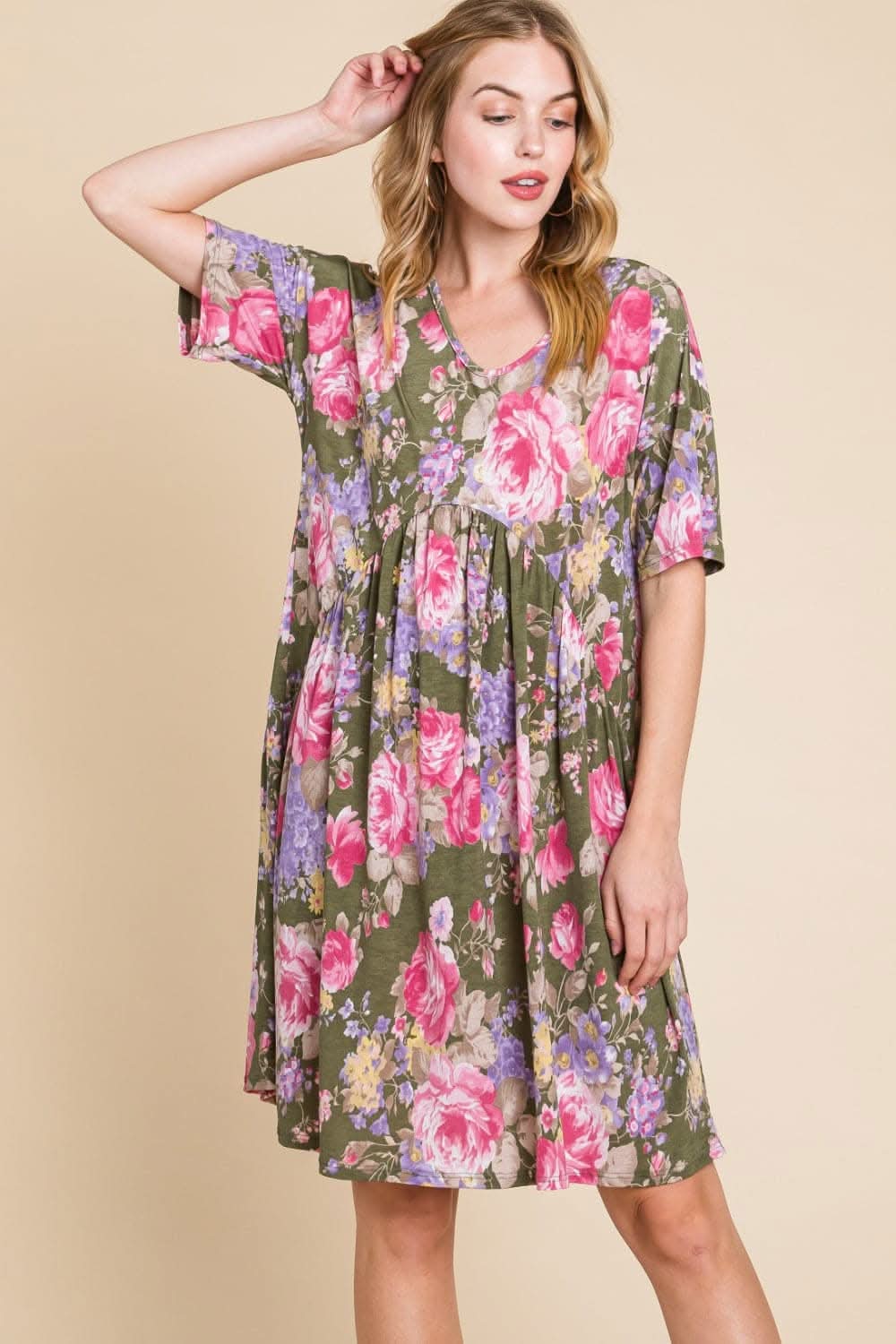 BOMBOM Flower Print V-Neck Ruched Dress for Effortless Elegance