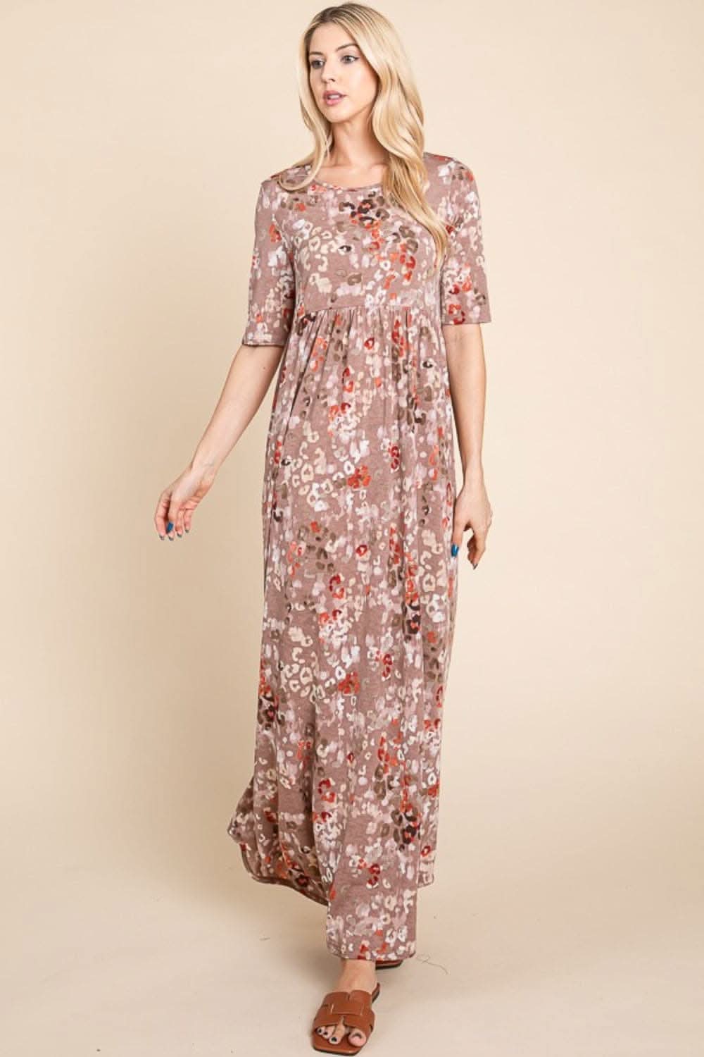 BOMBOM Printed Shirred Maxi Dress for Effortless Elegance