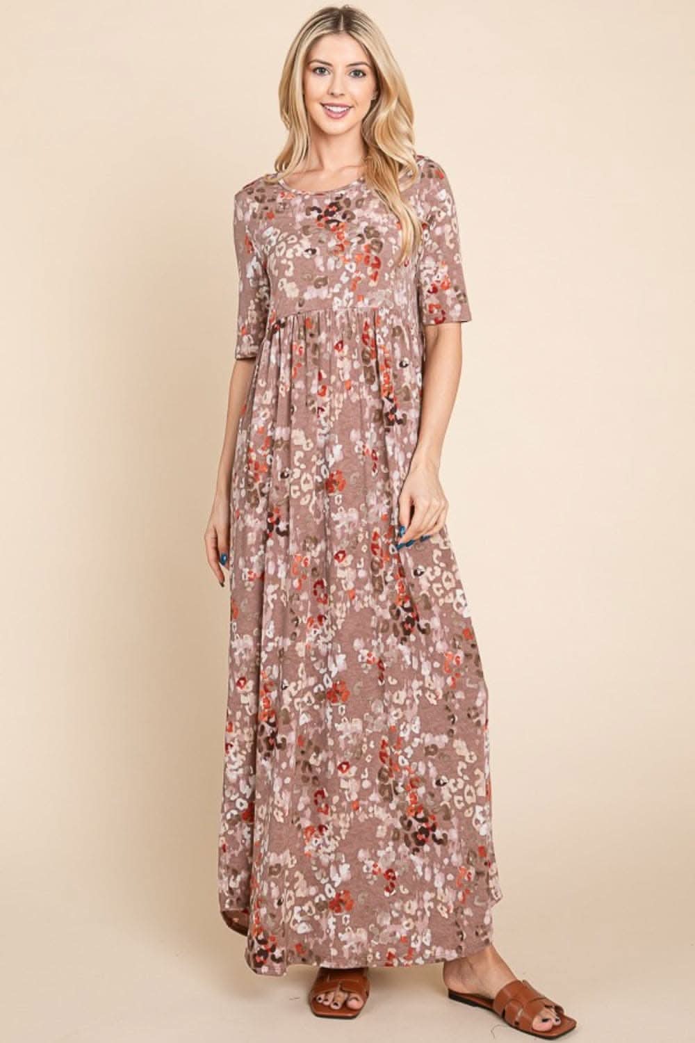 BOMBOM Printed Shirred Maxi Dress for Effortless Elegance