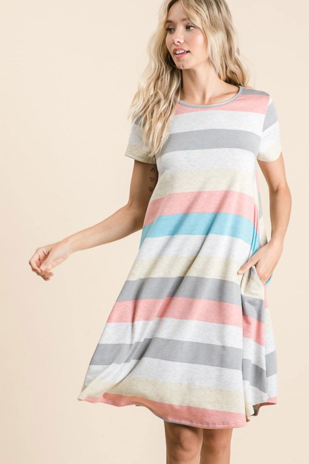BOMBOM Striped Short Sleeve Dress with Pockets for All-Day Style