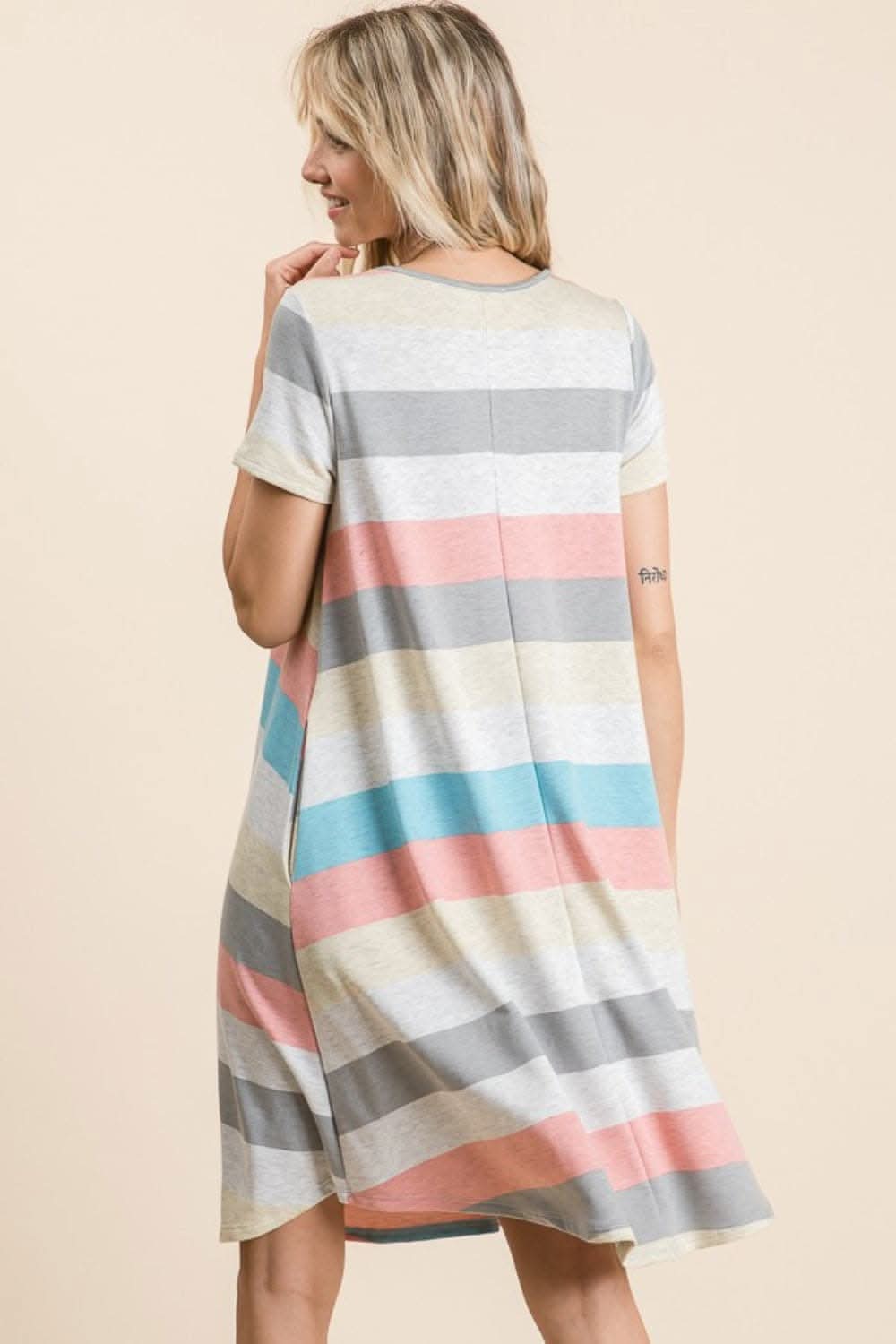 BOMBOM Striped Short Sleeve Dress with Pockets for All-Day Style