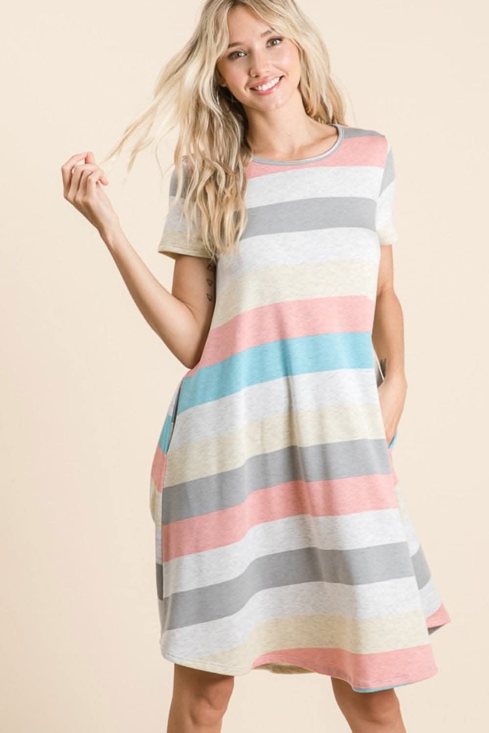 BOMBOM Striped Short Sleeve Dress with Pockets for All-Day Style
