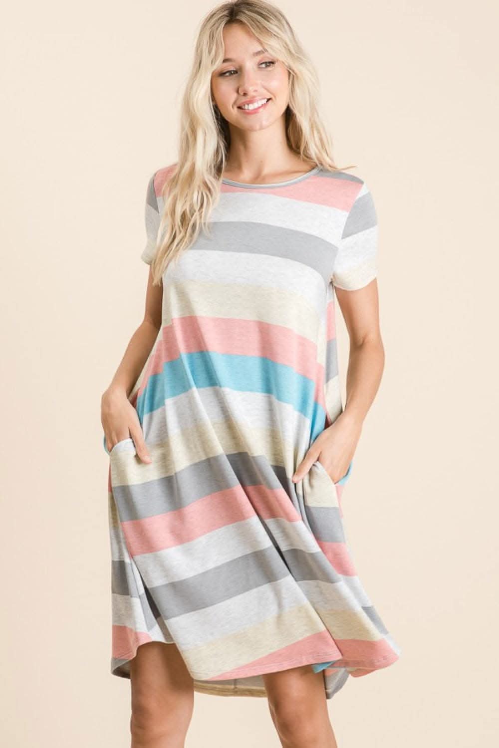 BOMBOM Striped Short Sleeve Dress with Pockets for All-Day Style