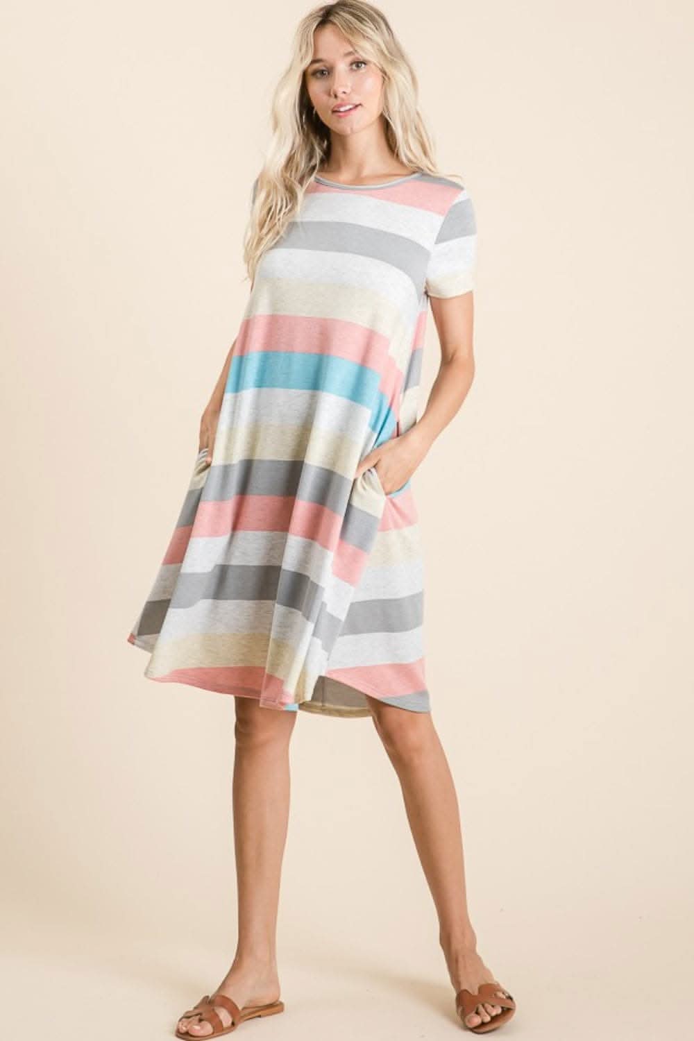 BOMBOM Striped Short Sleeve Dress with Pockets for All-Day Style