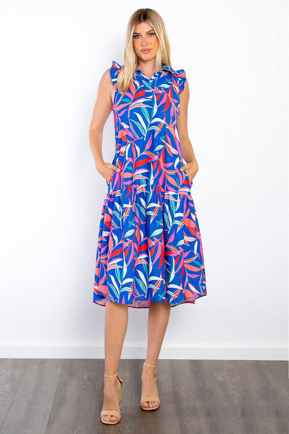 Trendsi Be Stage Print Ruffled Midi Dress with Pockets Chic