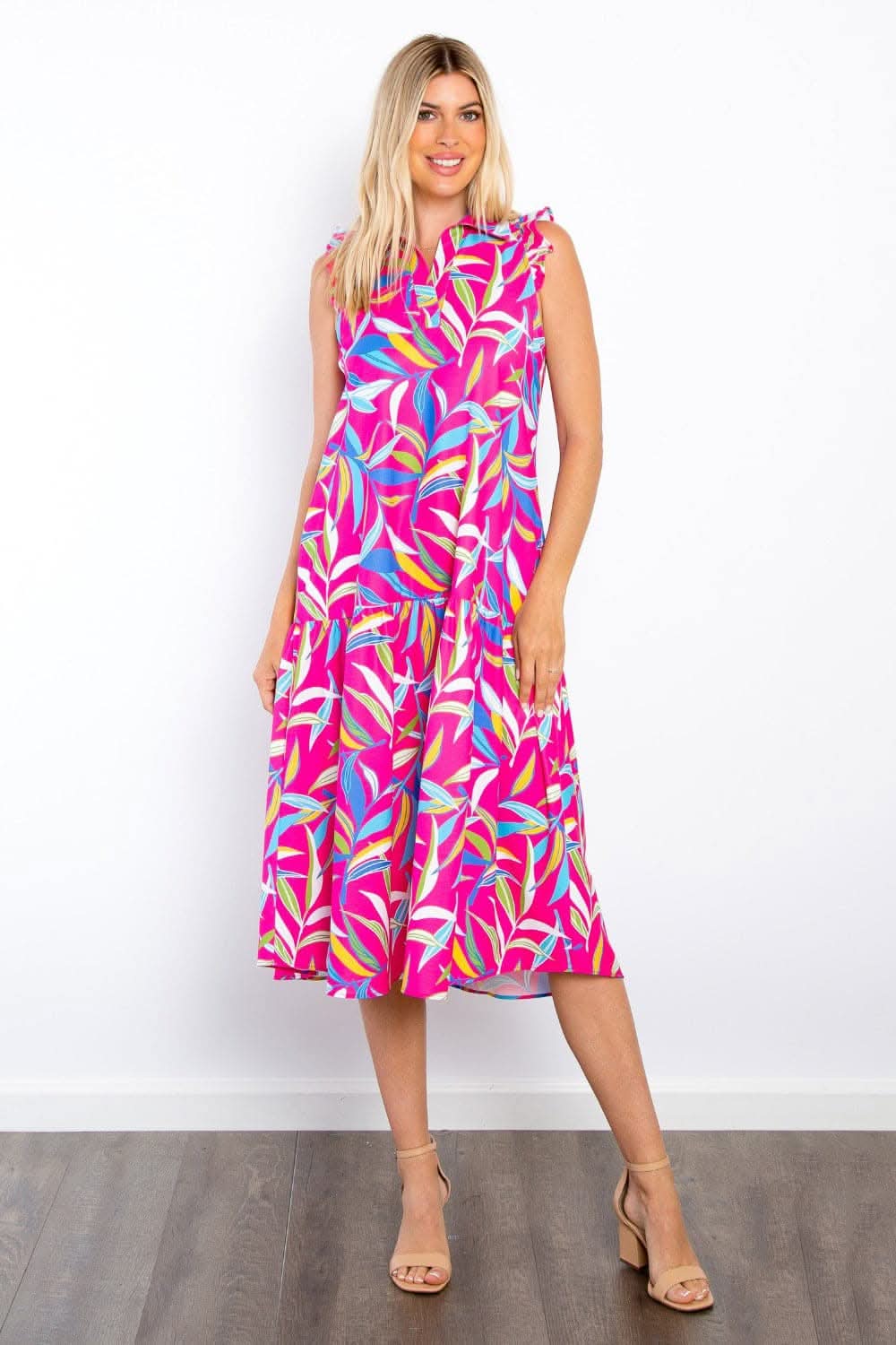 Trendsi Be Stage Print Ruffled Midi Dress with Pockets