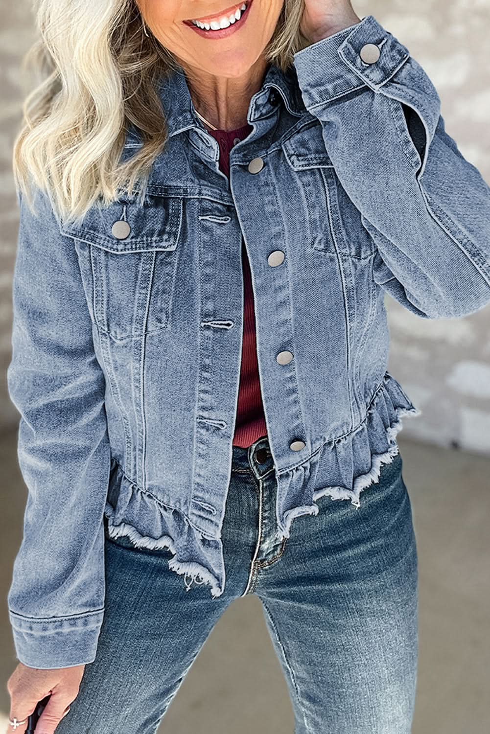 Love Salve  Beau Blue Ruffle Raw Hem Flap Pockets Denim