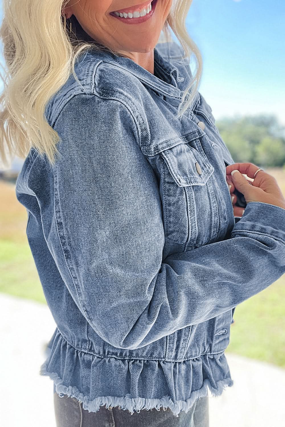 Love Salve  Beau Blue Ruffle Raw Hem Flap Pockets Denim