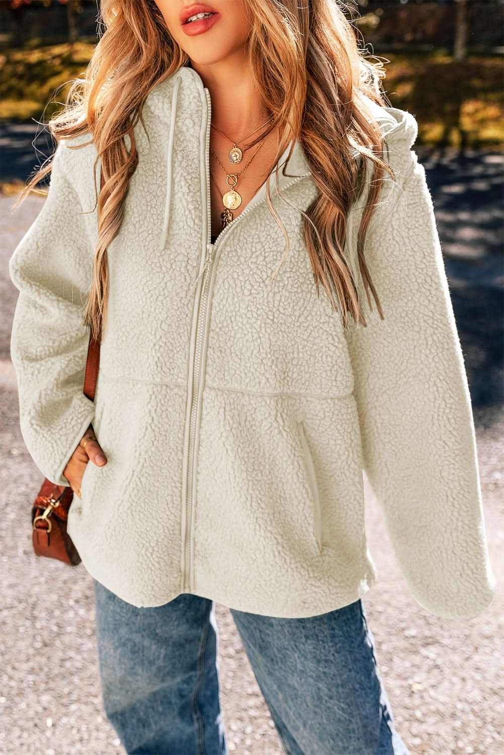 Love Salve  Beige Fleece Zip Up Drawstring Hooded Pocketed