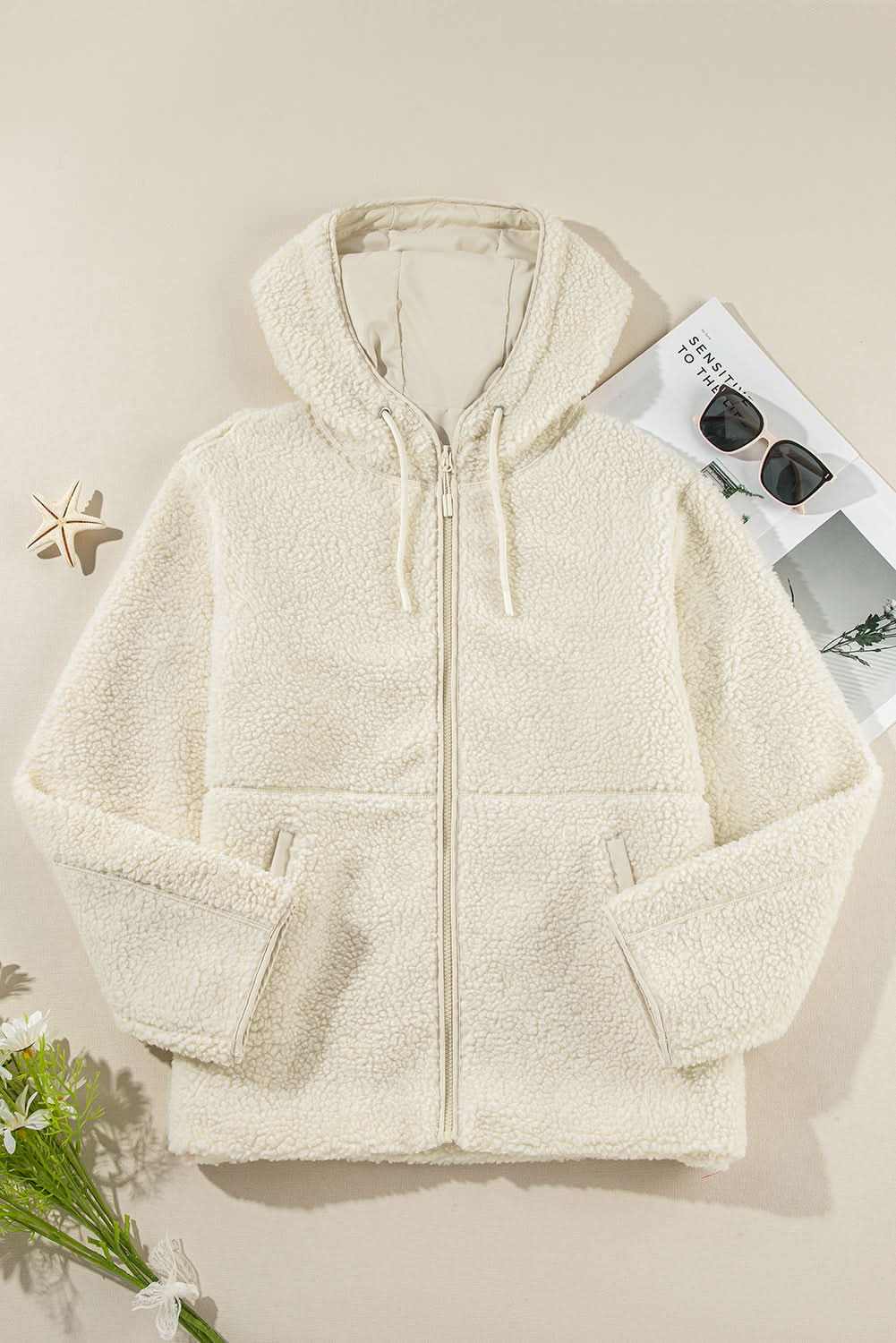 Love Salve  Beige Fleece Zip Up Drawstring Hooded Pocketed