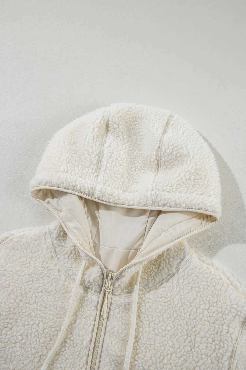 Love Salve  Beige Fleece Zip Up Drawstring Hooded Pocketed