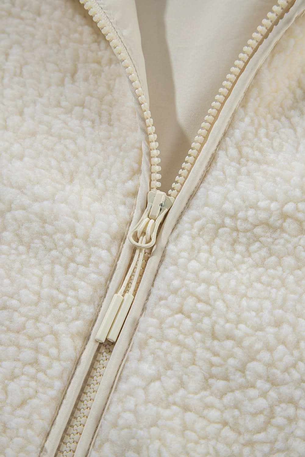 Love Salve  Beige Fleece Zip Up Drawstring Hooded Pocketed