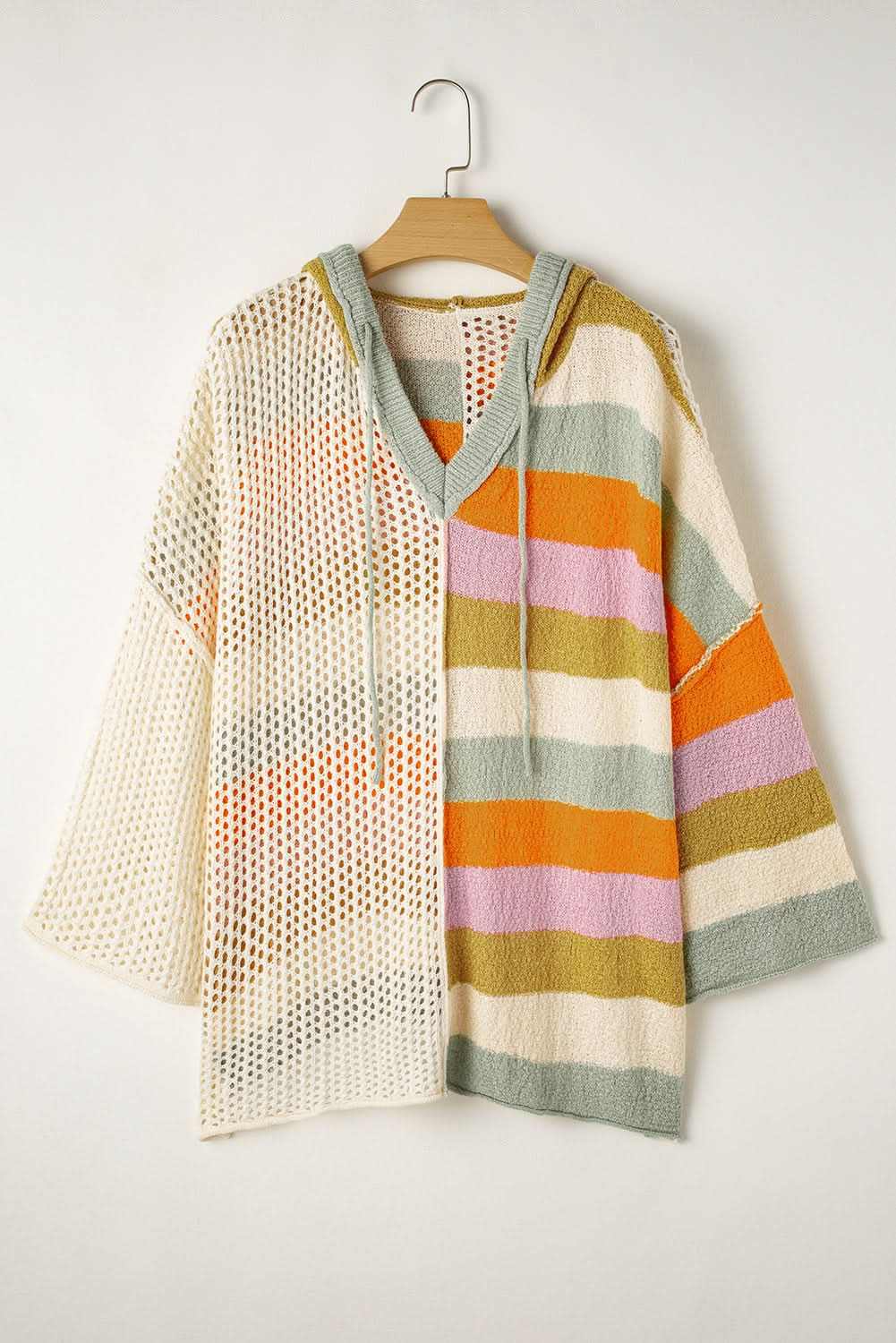 Beige Pointelle Knit Colorblock Patchwork V Neck Hooded Plus Sweater