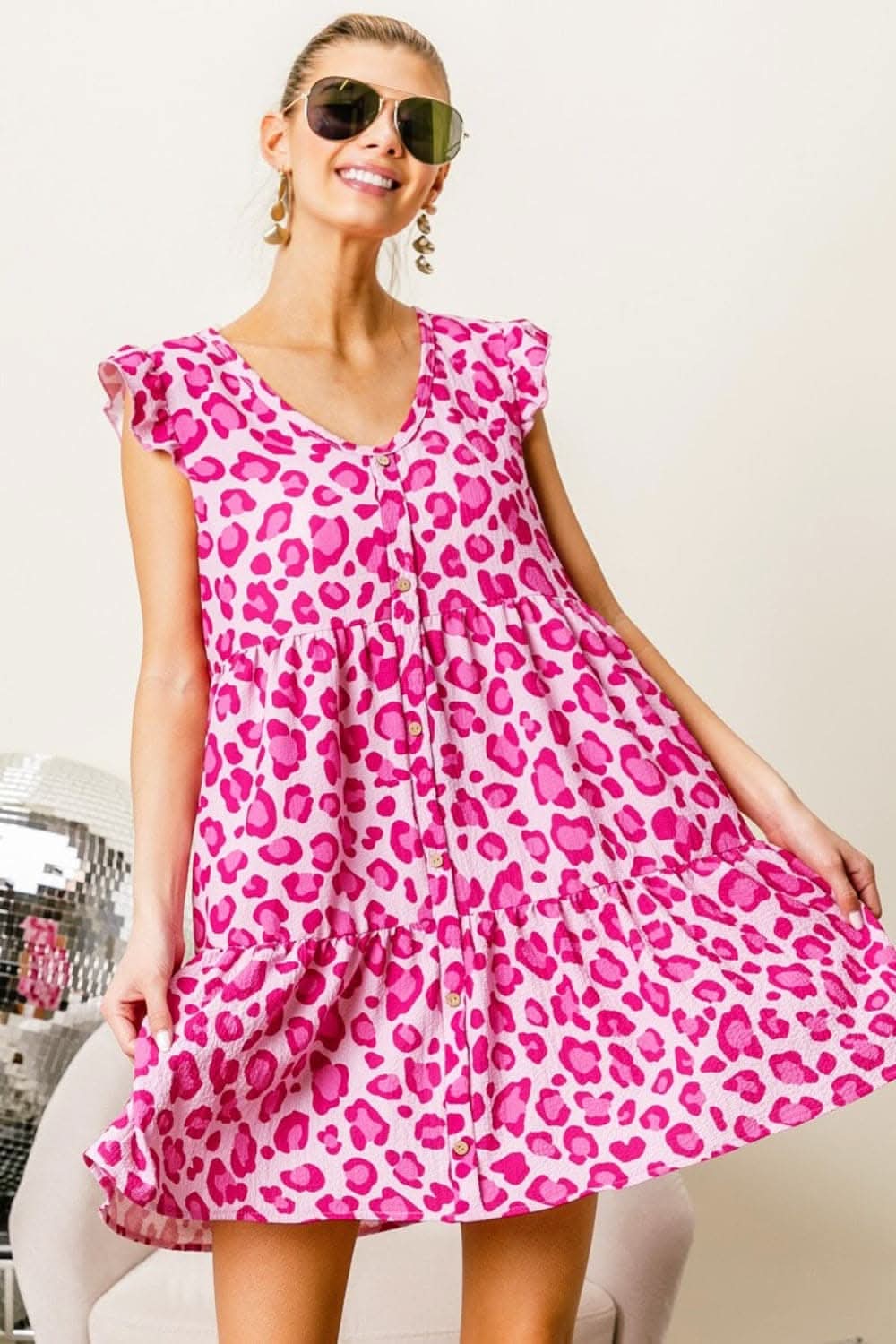 BiBi Leopard Cap Sleeve Tiered Mini Dress for Wild Style
