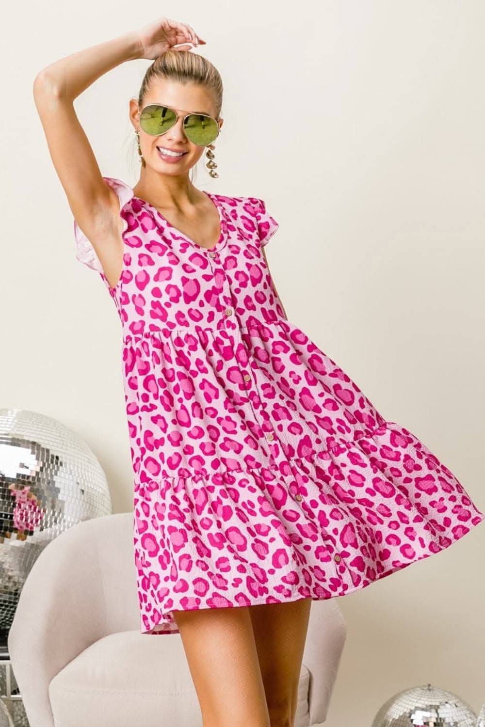 BiBi Leopard Cap Sleeve Tiered Mini Dress for Wild Style