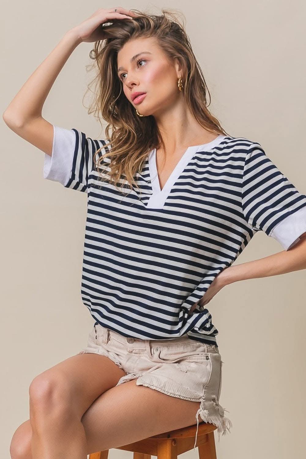 BiBi notched knit top with stripes