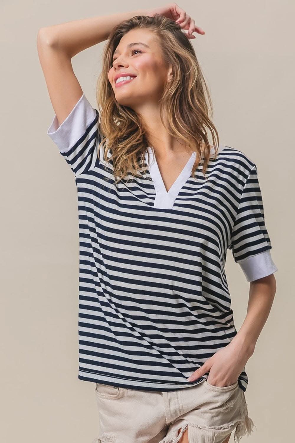 BiBi notched knit top with stripes