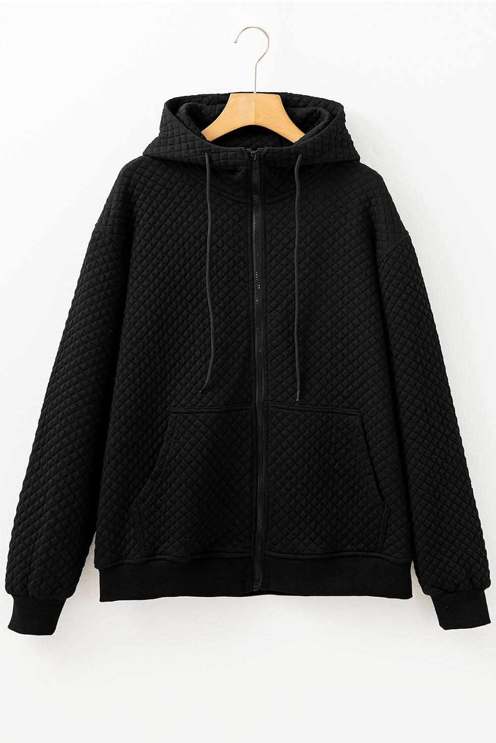 Black Quilted Side Pockets Zipper Hooded Jacket
