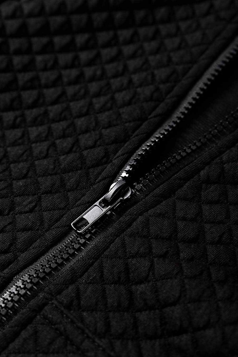 Black Quilted Side Pockets Zipper Hooded Jacket