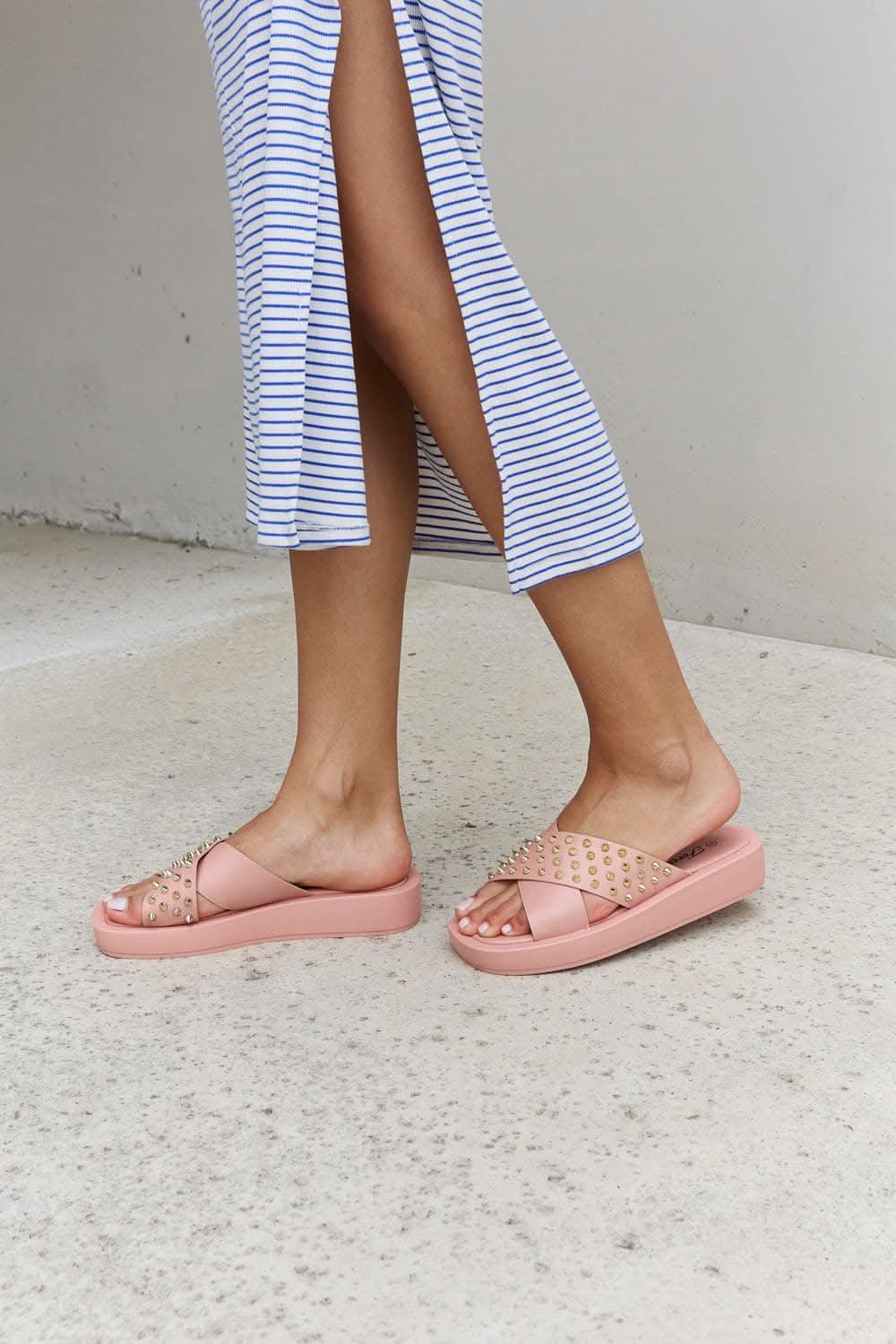 Blush studded cross strap sandals