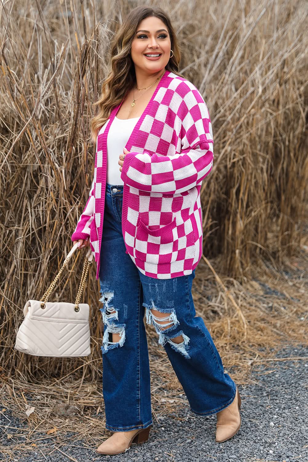 Bonbon plus size checkered cardigan