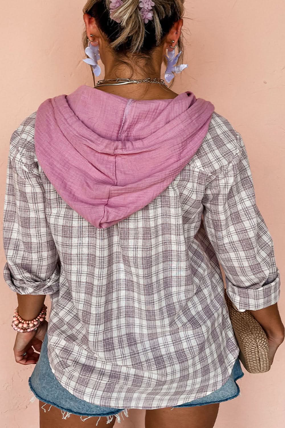 Bonbon plus size plaid hooded shirt