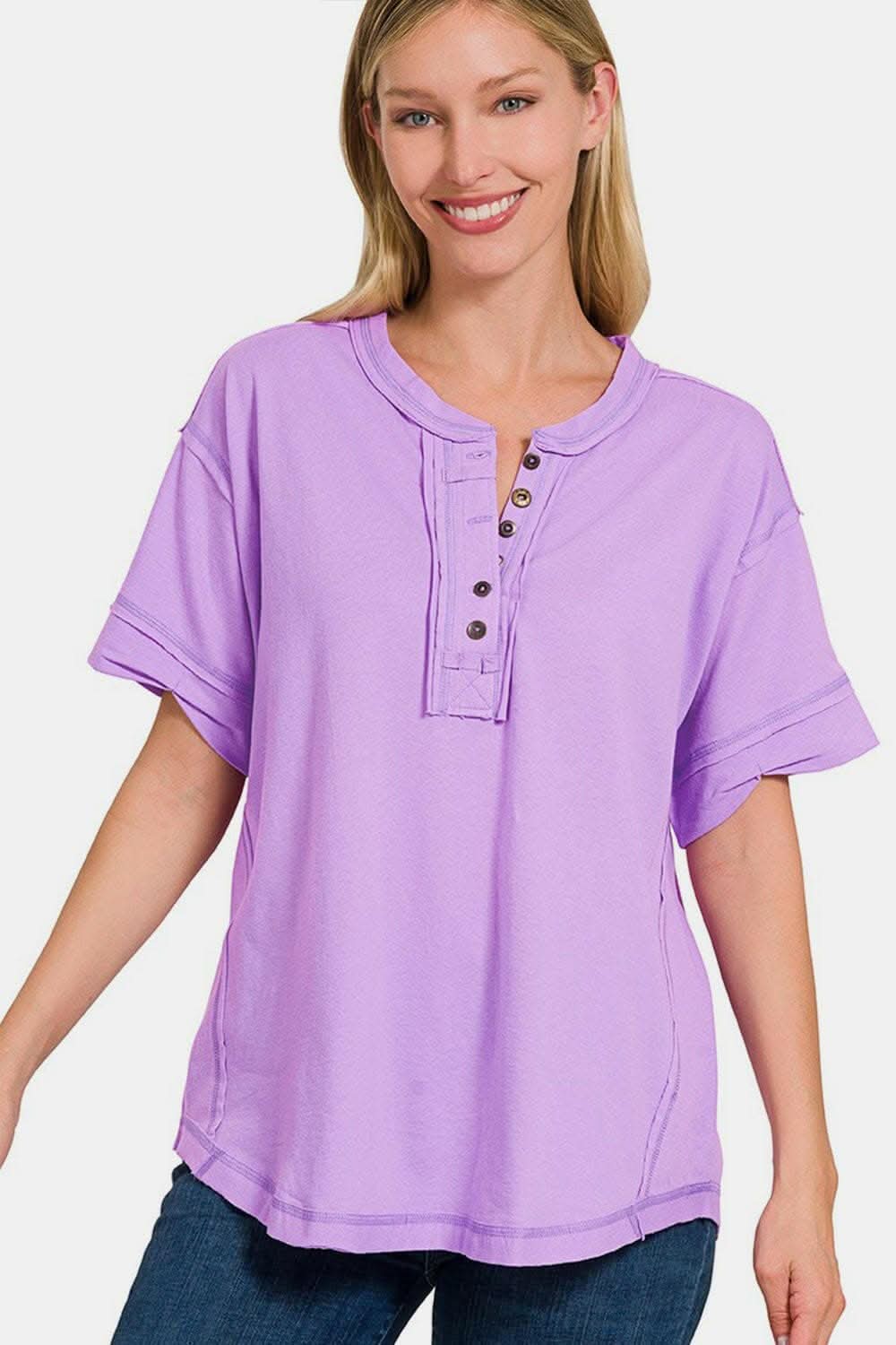 Chic Edge Exposed Seam Button-Up Tee