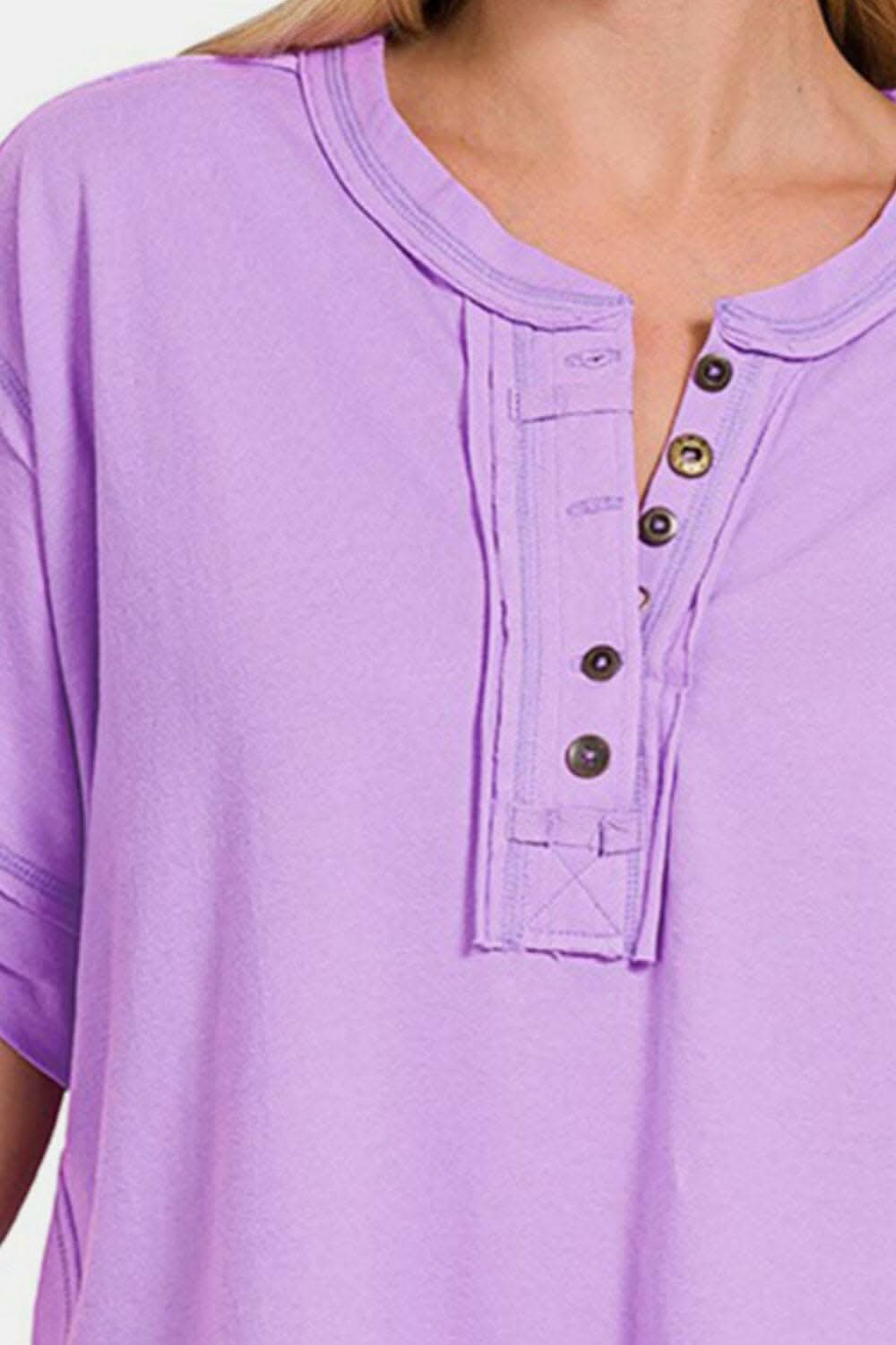 Chic Edge Exposed Seam Button-Up Tee