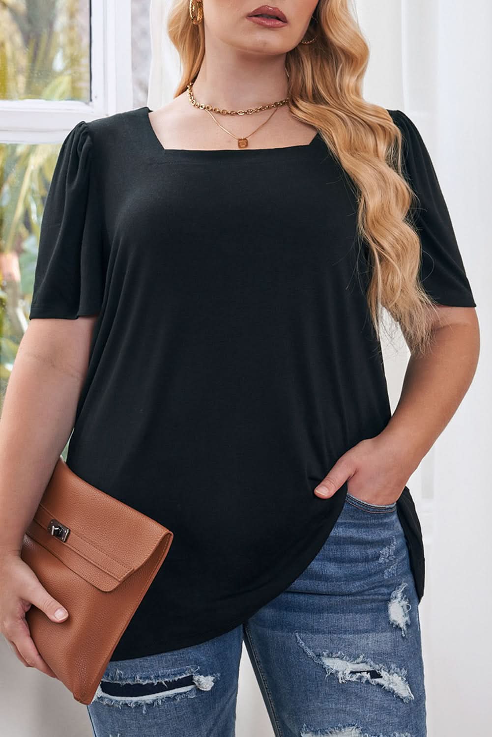 Chic black plus size top with ruching