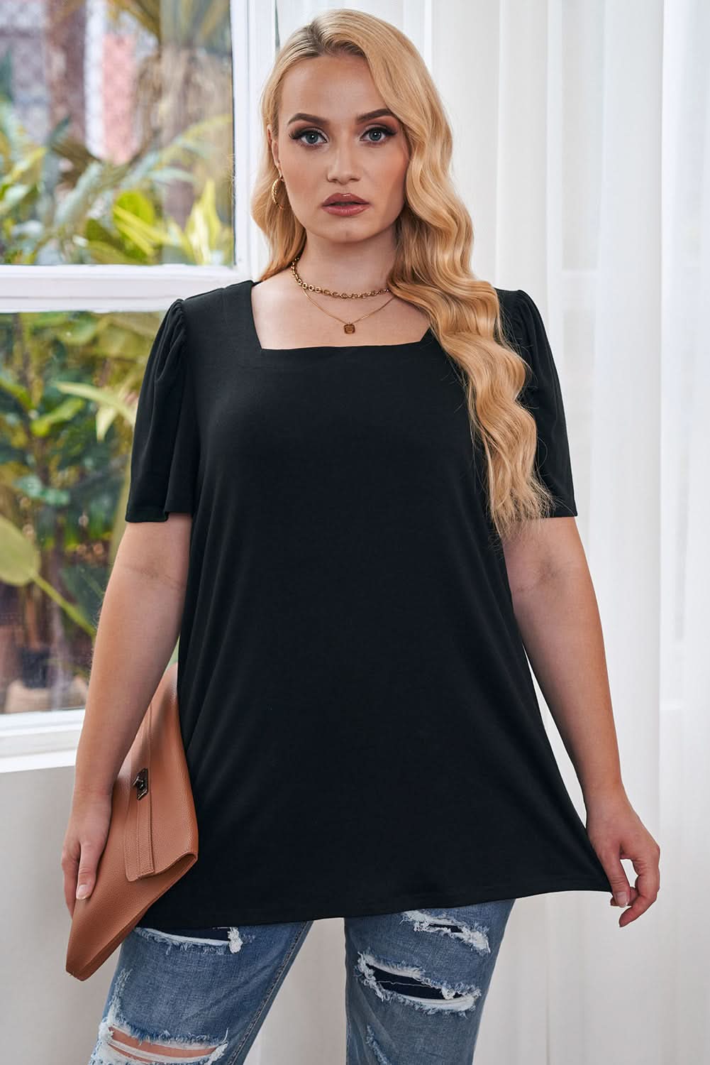 Chic black plus size top with ruching