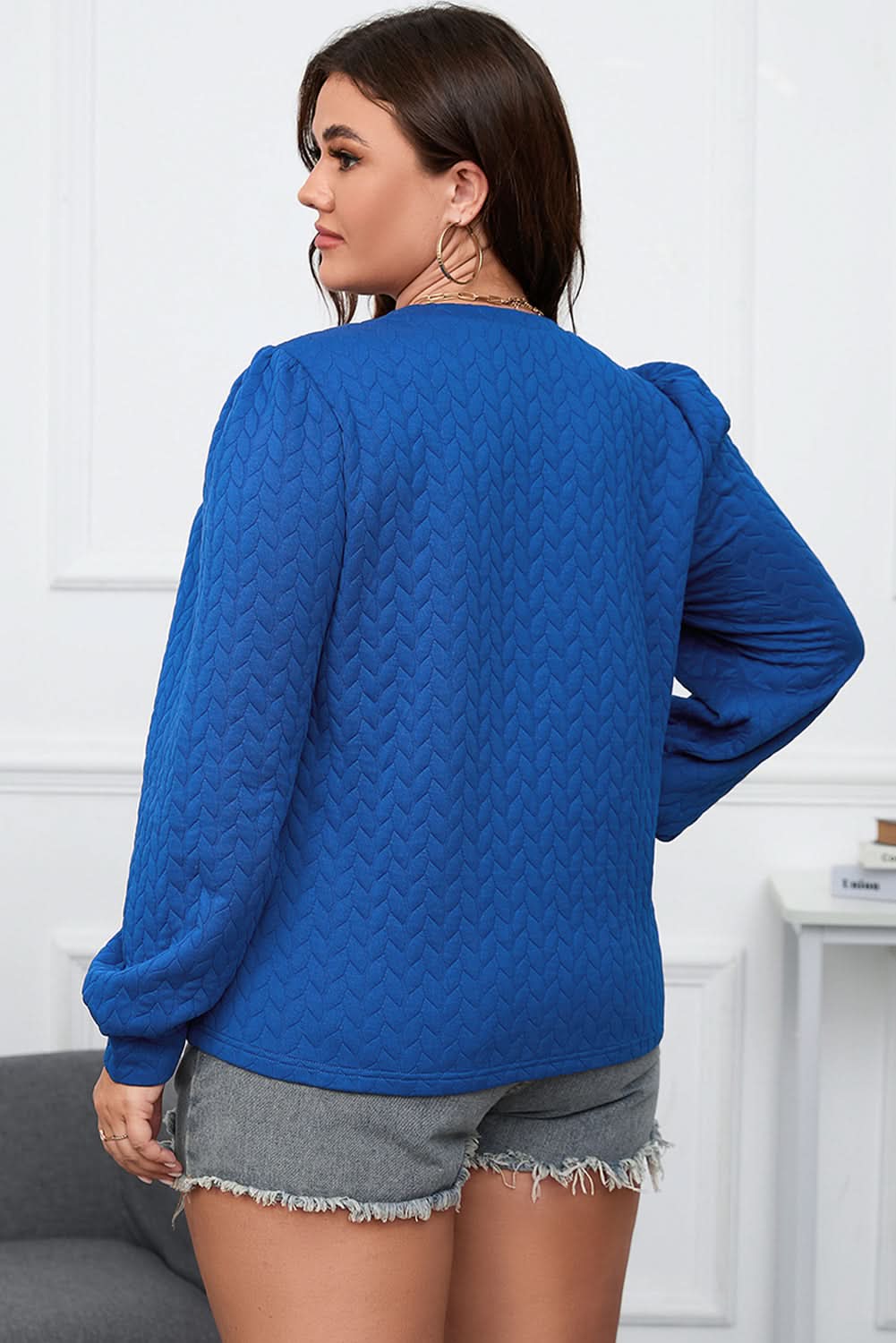 Chic dark blue plus size puff sleeve top