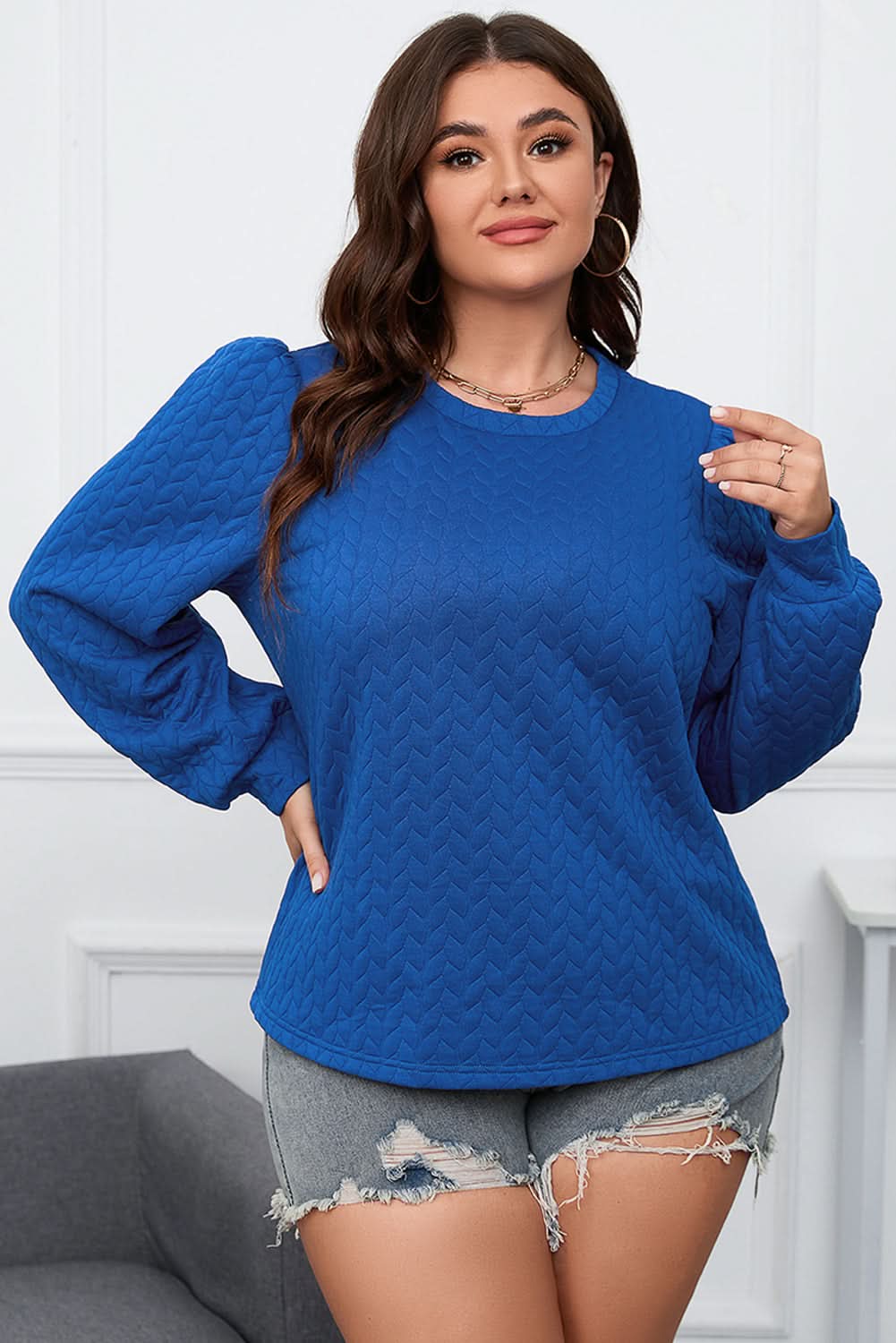 Chic dark blue plus size puff sleeve top