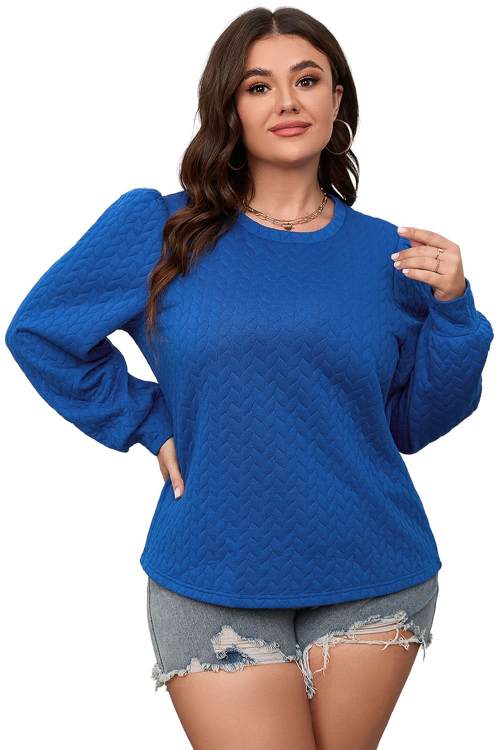 Chic dark blue plus size puff sleeve top