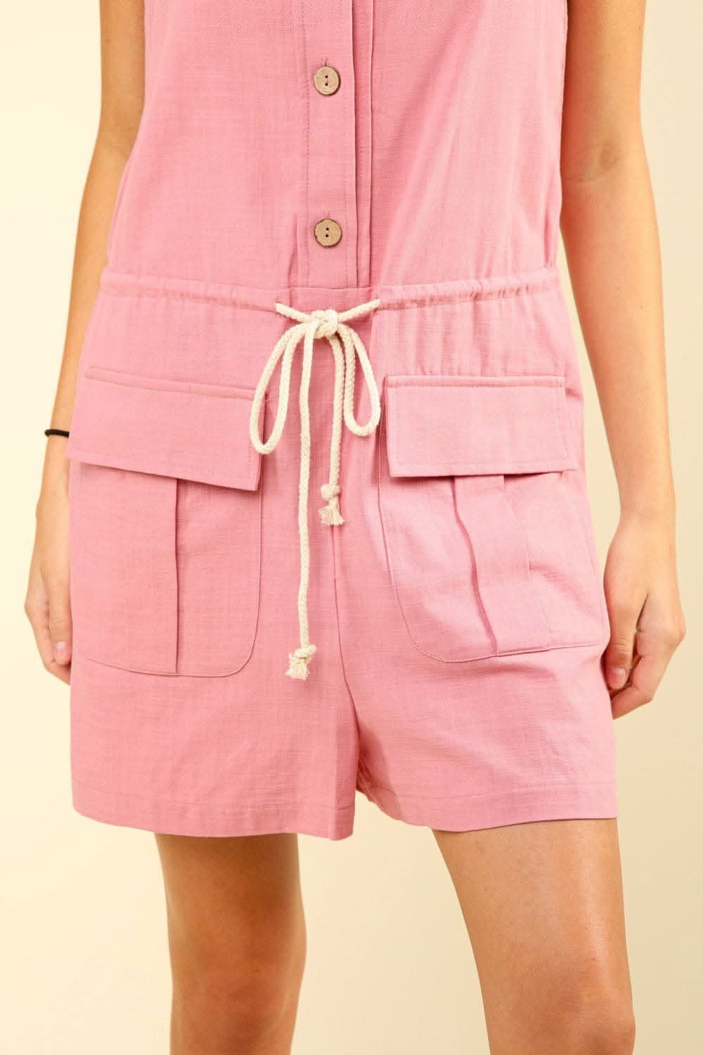 Chic drawstring sleeveless romper with half-button detail