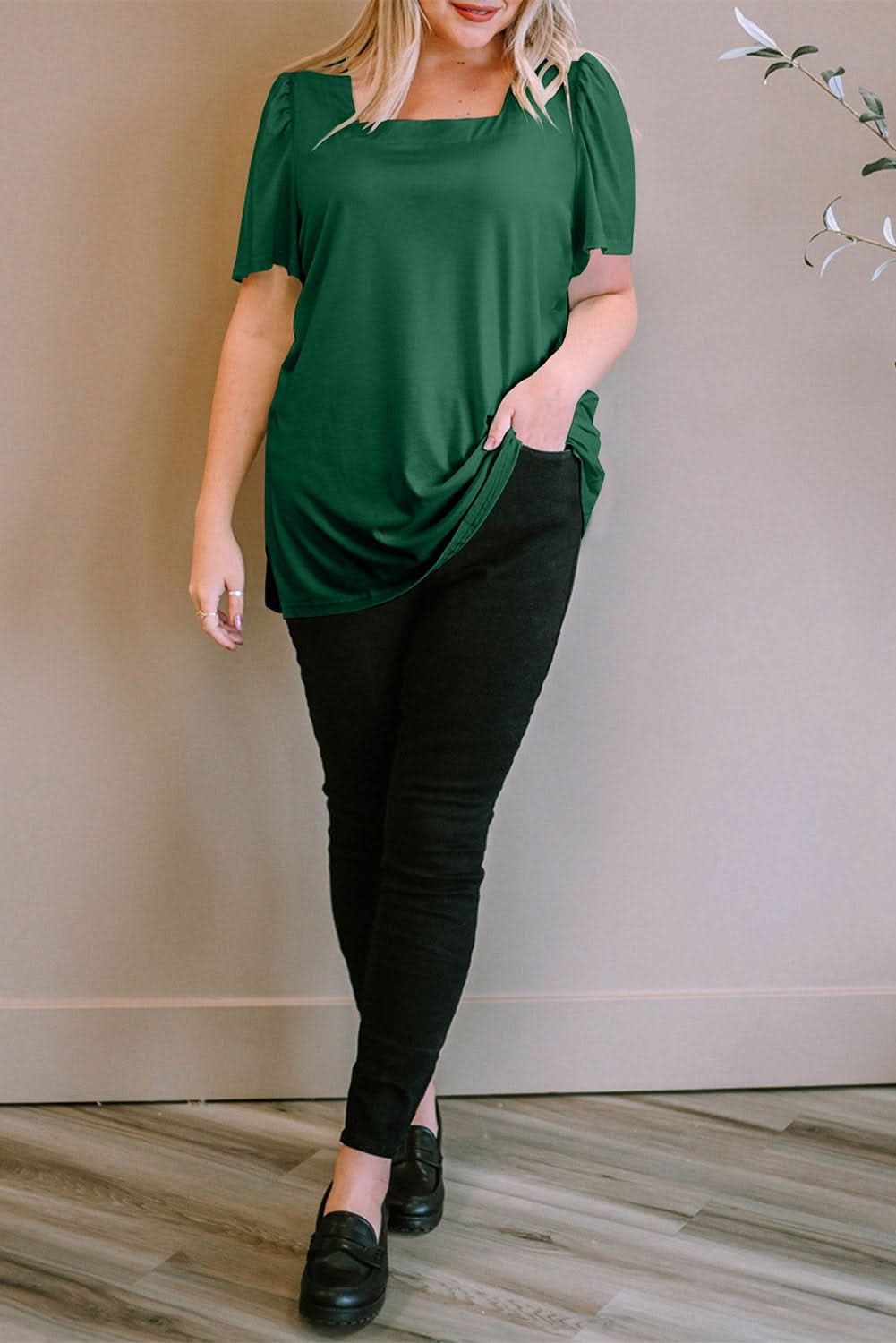 Chic green plus size square neck top