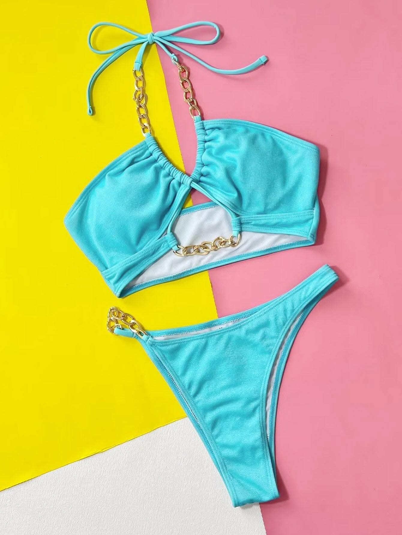 Chic halter bikini with chain accents