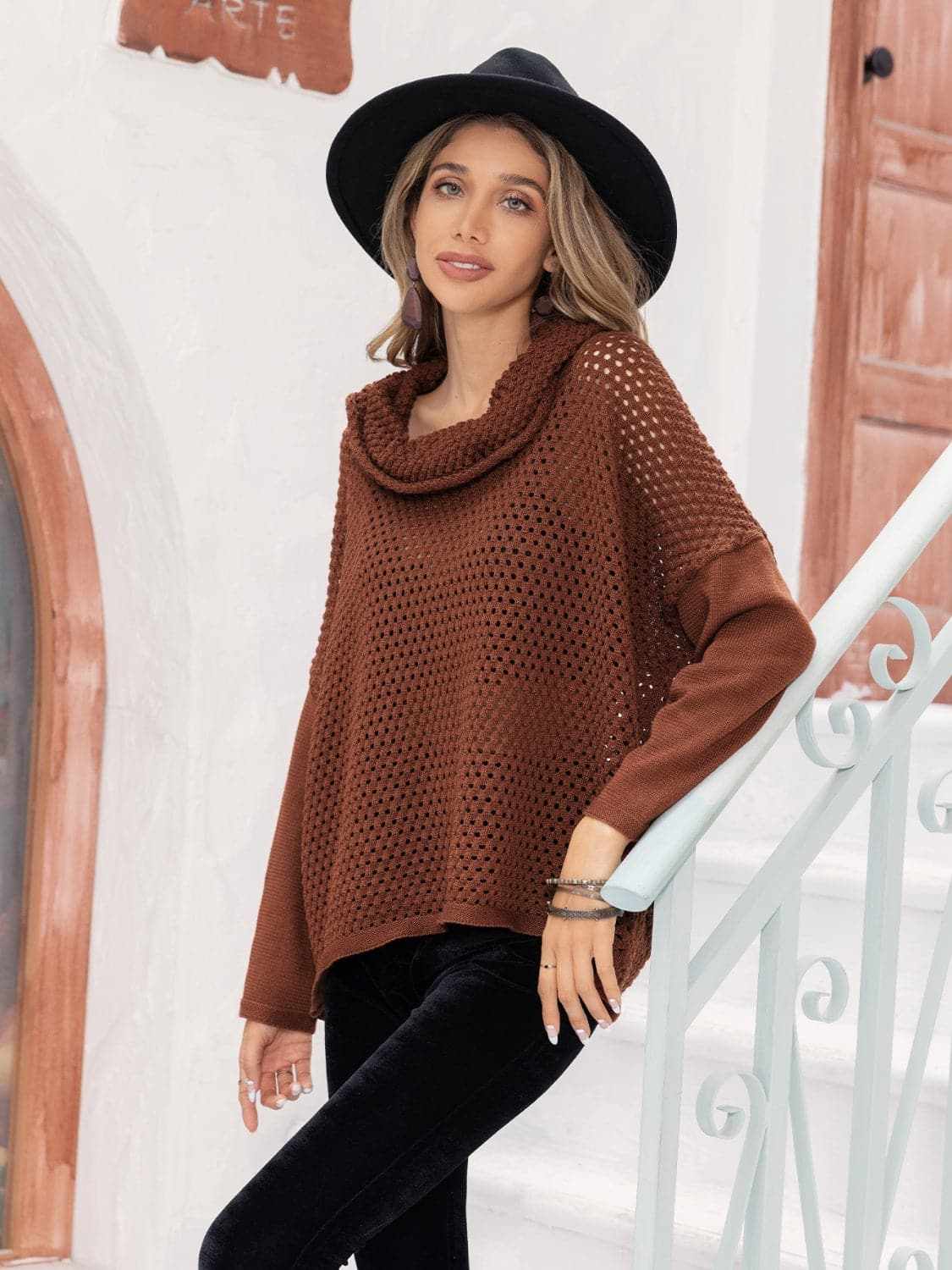 Chic openwork mock neck sweater