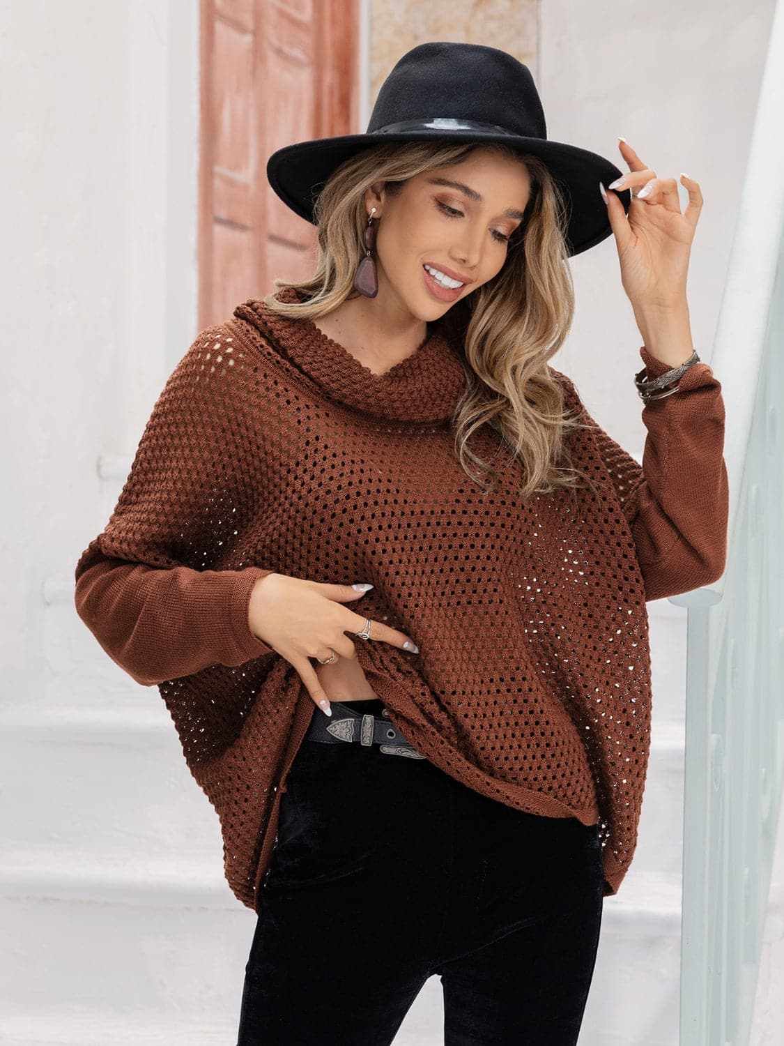 Chic openwork mock neck sweater