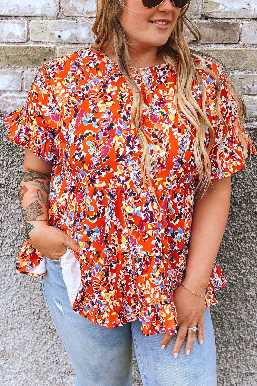 Chic orange floral ruffle sleeve top