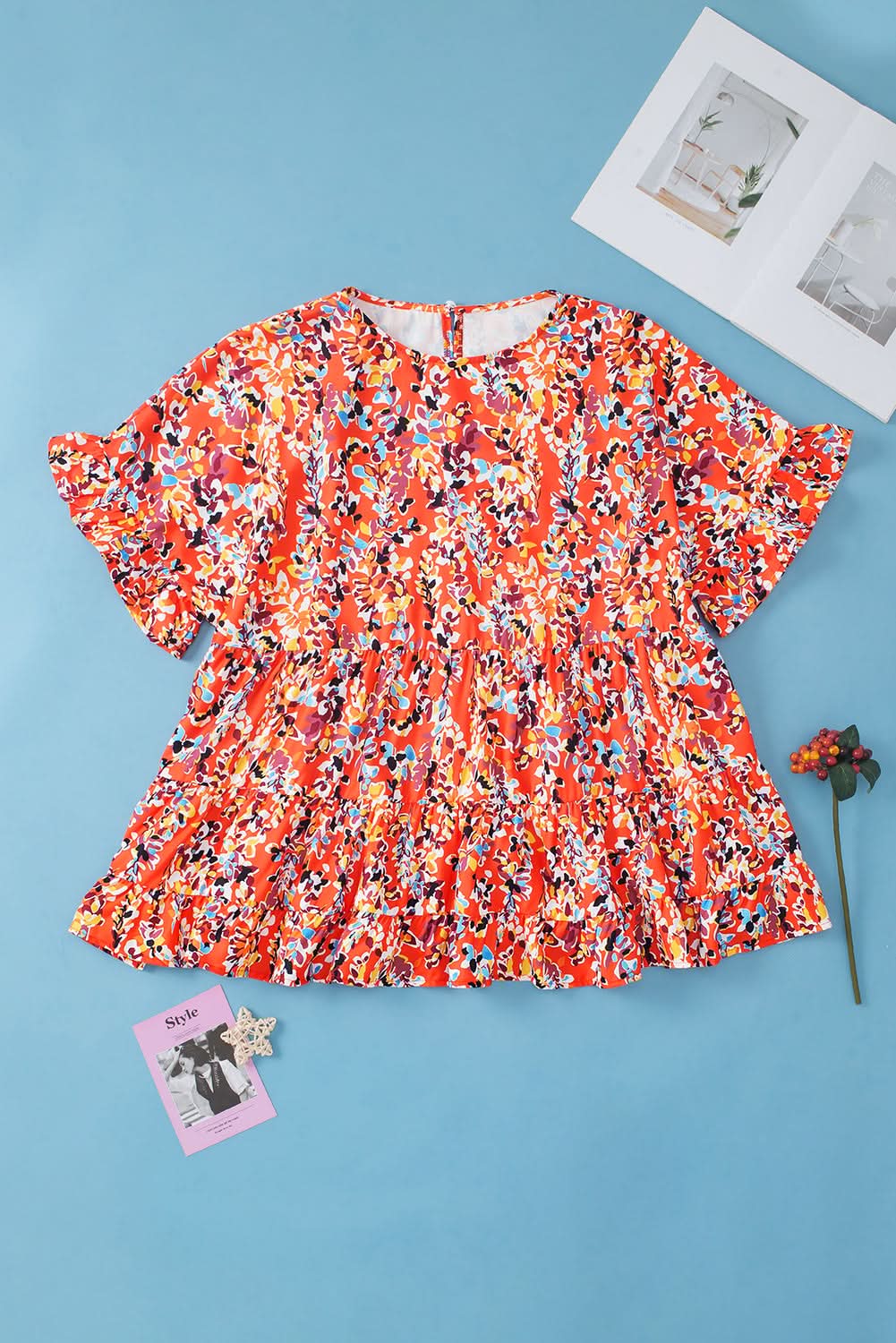 Chic orange floral ruffle sleeve top