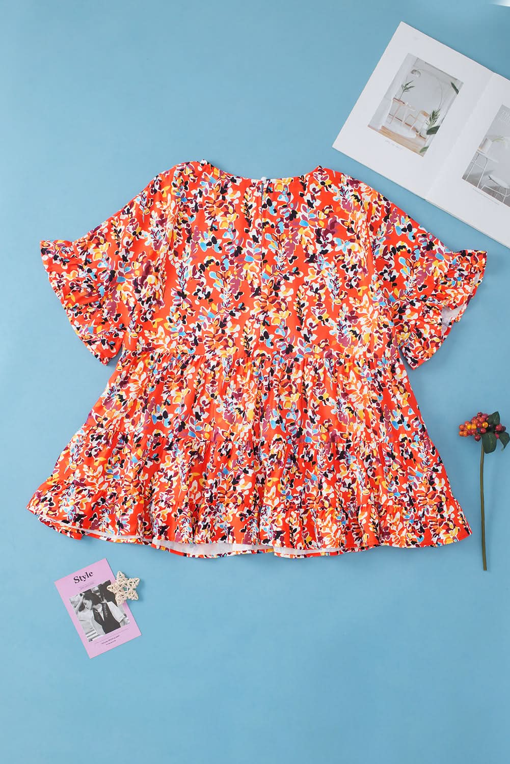 Chic orange floral ruffle sleeve top