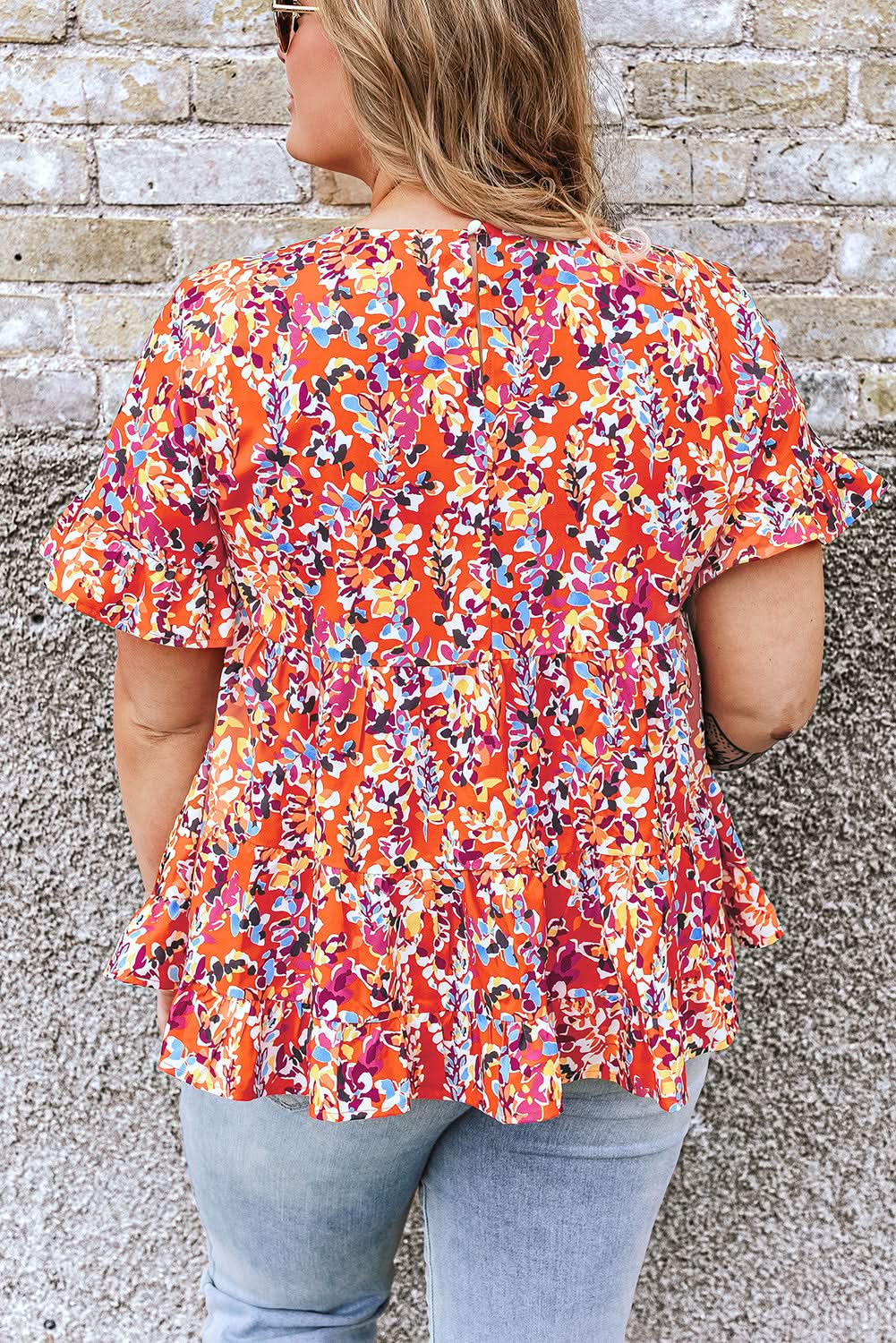 Chic orange floral ruffle sleeve top