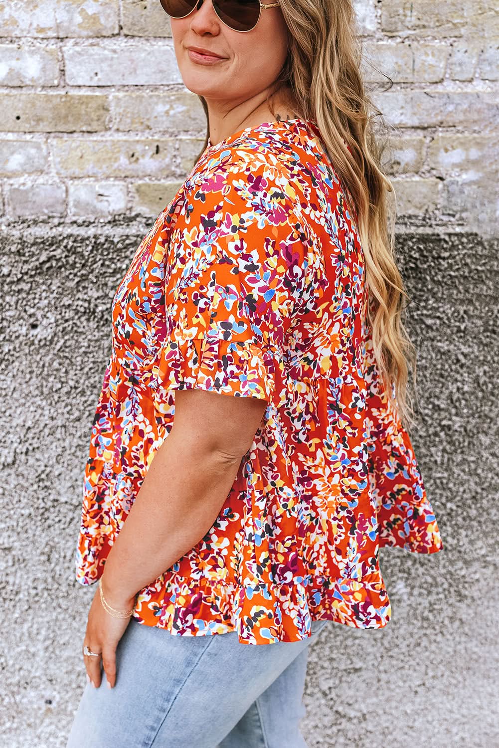 Chic orange floral ruffle sleeve top