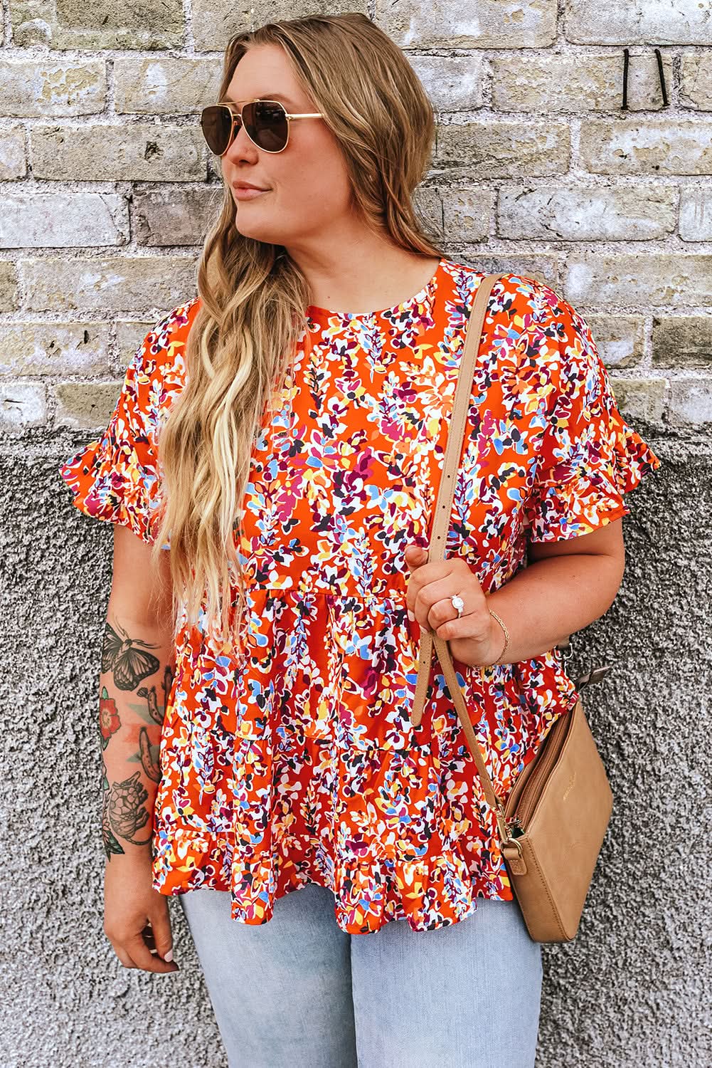 Chic orange floral ruffle sleeve top