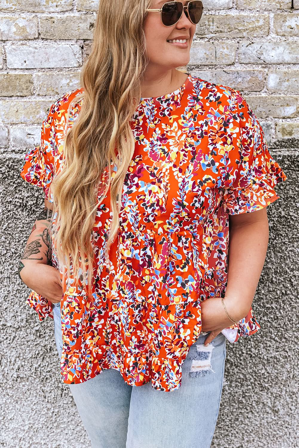 Chic orange floral ruffle sleeve top