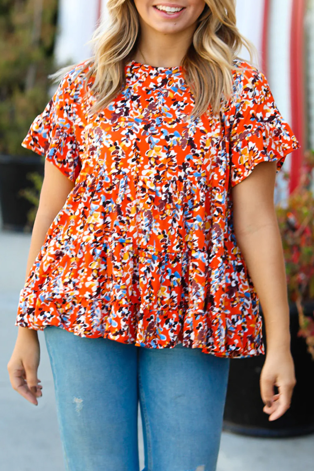 Chic orange floral ruffle sleeve top