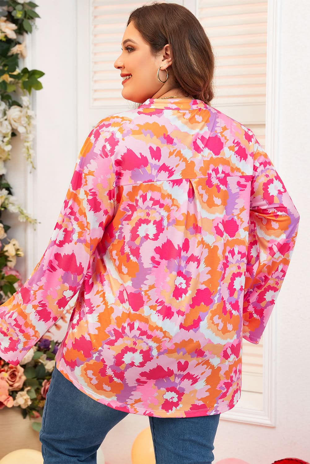 Chic pink floral plus size blouse