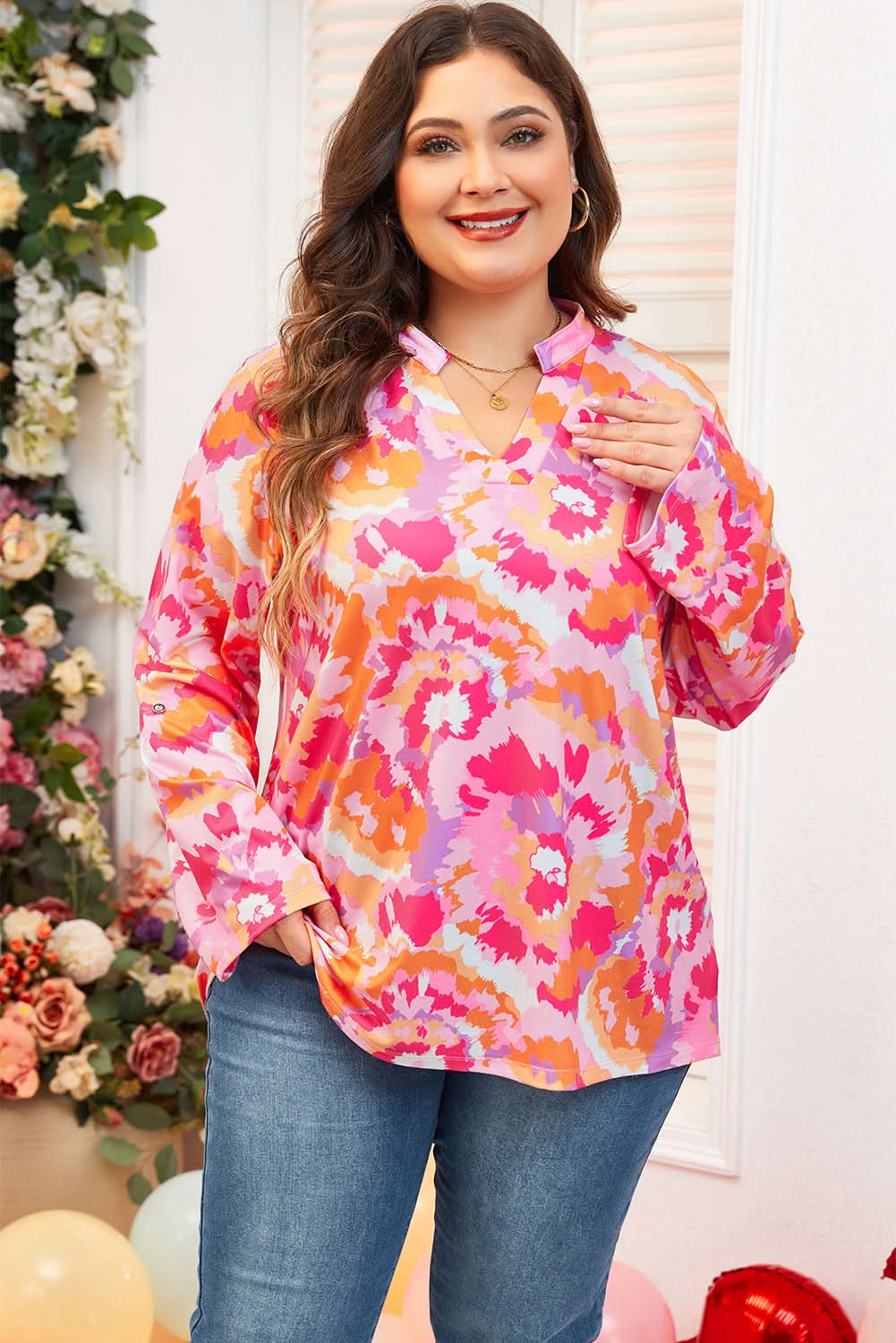 Chic pink floral plus size blouse