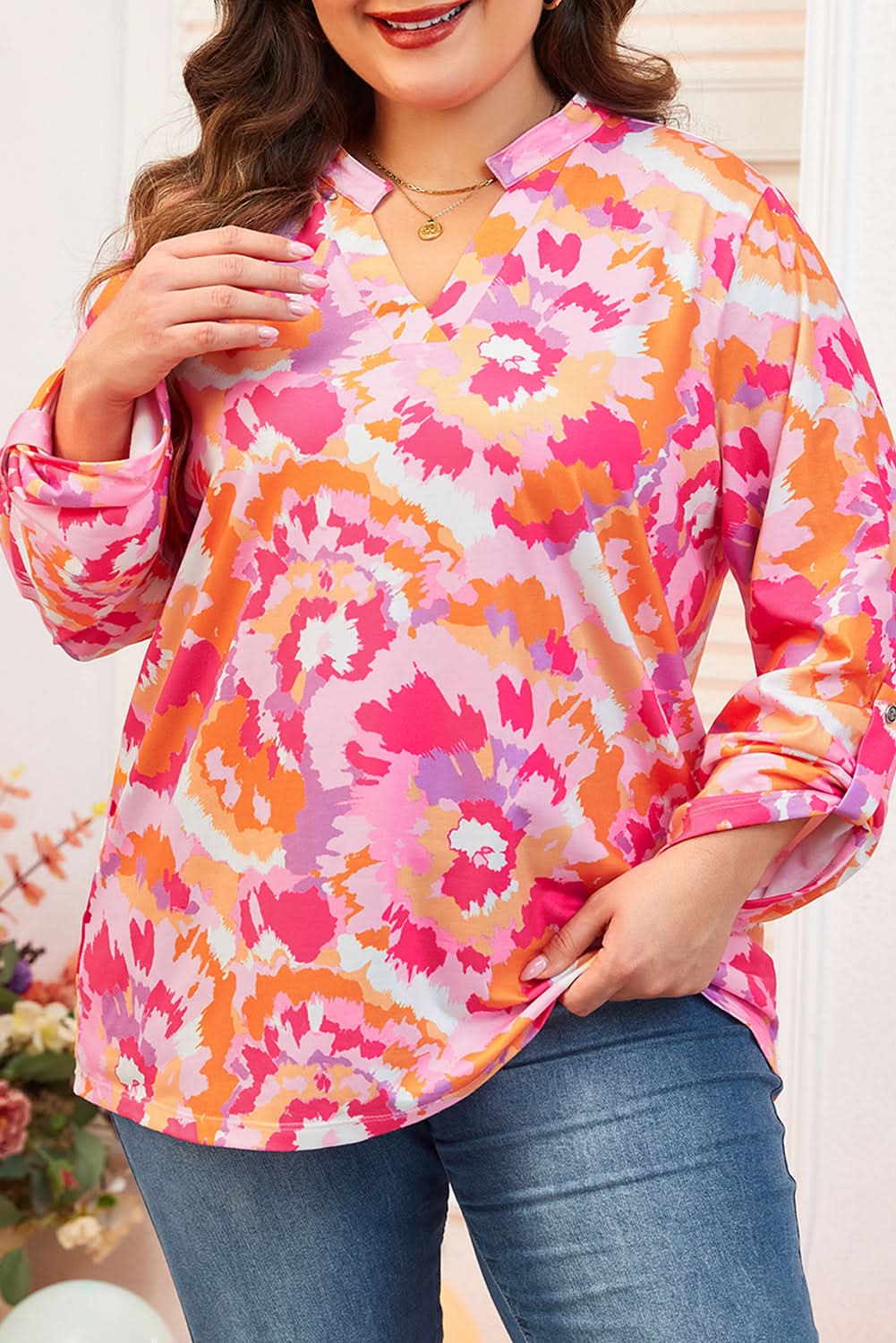 Chic pink floral plus size blouse