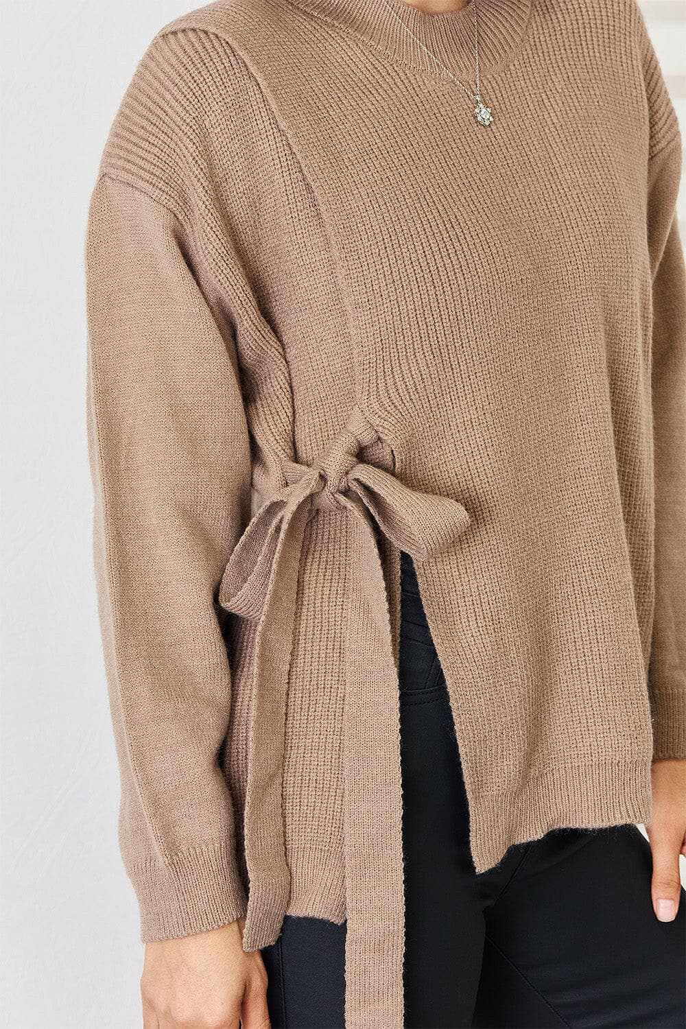 Chic slit tied dropped shoulder sweater